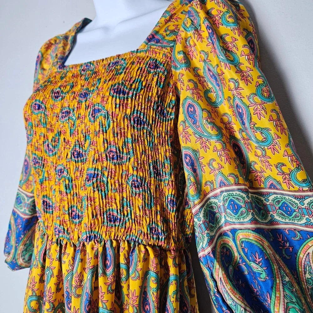 ME2MAGIC Yellow Paisley Smocked Maxi Dress‎ Square Neck Balloon Sleeve Boho M - Picture 9 of 12
